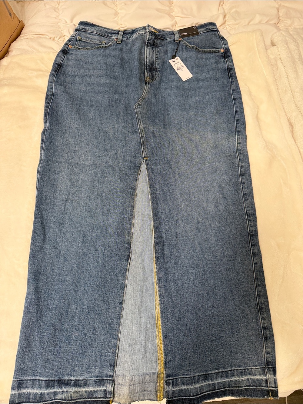 Express Denim Maxi Skirt in Medium Blue with Front Slit